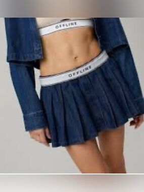 aerie Dark Blue Denim Pleated Skater Skirt